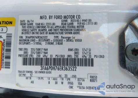 2014 Ford Fusion z USA, uszkodzony, nr VIN 3FA6P0H76ER363522